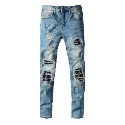 High Street Hole Patch Locomotive Jeans Folds And Leather Simming Beggar Hole Locomotive