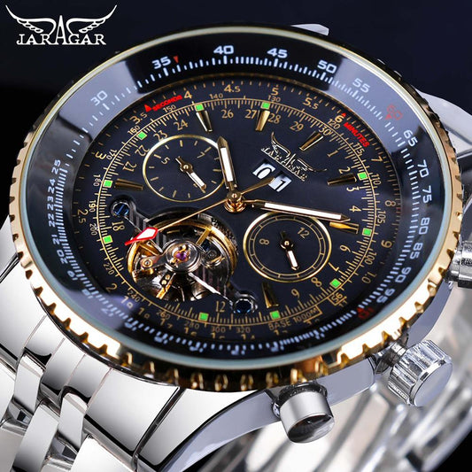 Jaragar Flying Series Golden Bezel Stainless Steel Mens Watch