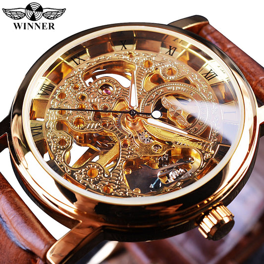 Winner Transparent Golden Case Brown Leather Strap Mens Watch