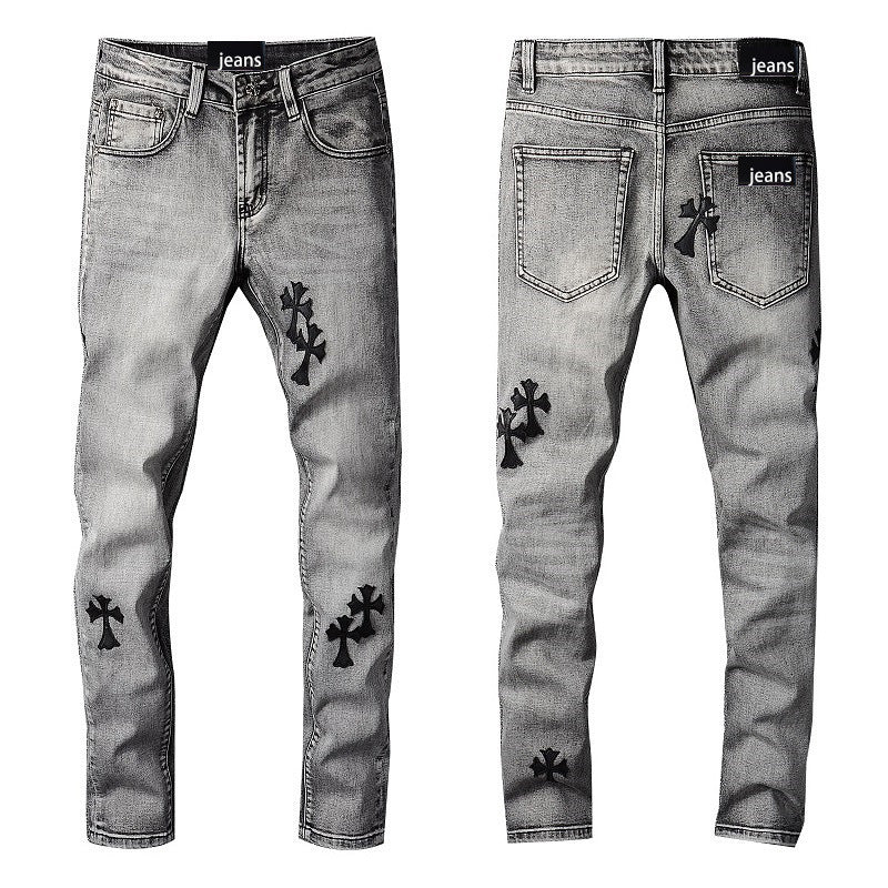 Trendy Cross Embroidered Gray Pencil Pants Men's Casual Jeans