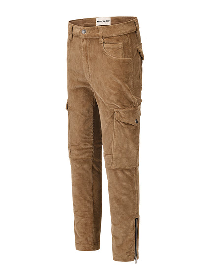 High Street Retro Distressed Corduroy Zipper Slim Cargo Pants