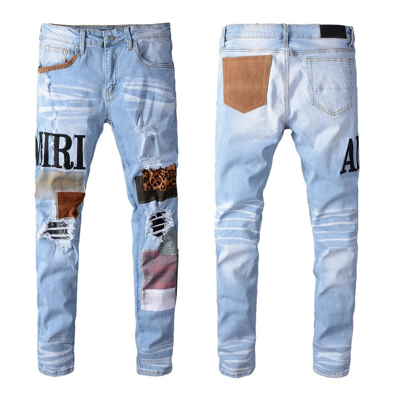 Light Blue Embroidery Leopard Print Cloth Patch Skinny Ripped Gradient Jeans